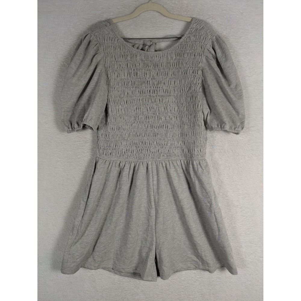 NEW Baltic Born Beaumont Romper Women's Large Heather Gray Smocked Puff Sleeve